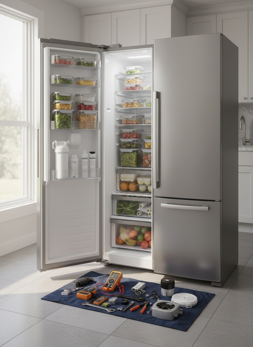 A meticulously organized home kitchen scene where a stainless steel refrigerator stands open, revealing neatly arranged food containers on gleaming glass shelves. On the light gray tile floor in front, a set of professional-grade tools, gauges, and replacement parts lies on a folded navy-blue protective mat, suggesting active repair work without showing any technician. Soft afternoon light filters through a nearby window, creating clean reflections on the refrigerator’s brushed metal surface and subtle shadows on the walls. Photographic realism with a clean, modern aesthetic, shot at eye level with a slight three-quarter angle, sharp focus on the appliance, and a gently blurred background of white shaker cabinets and a marble-look countertop, conveying trust, reliability, and professional appliance repair service.