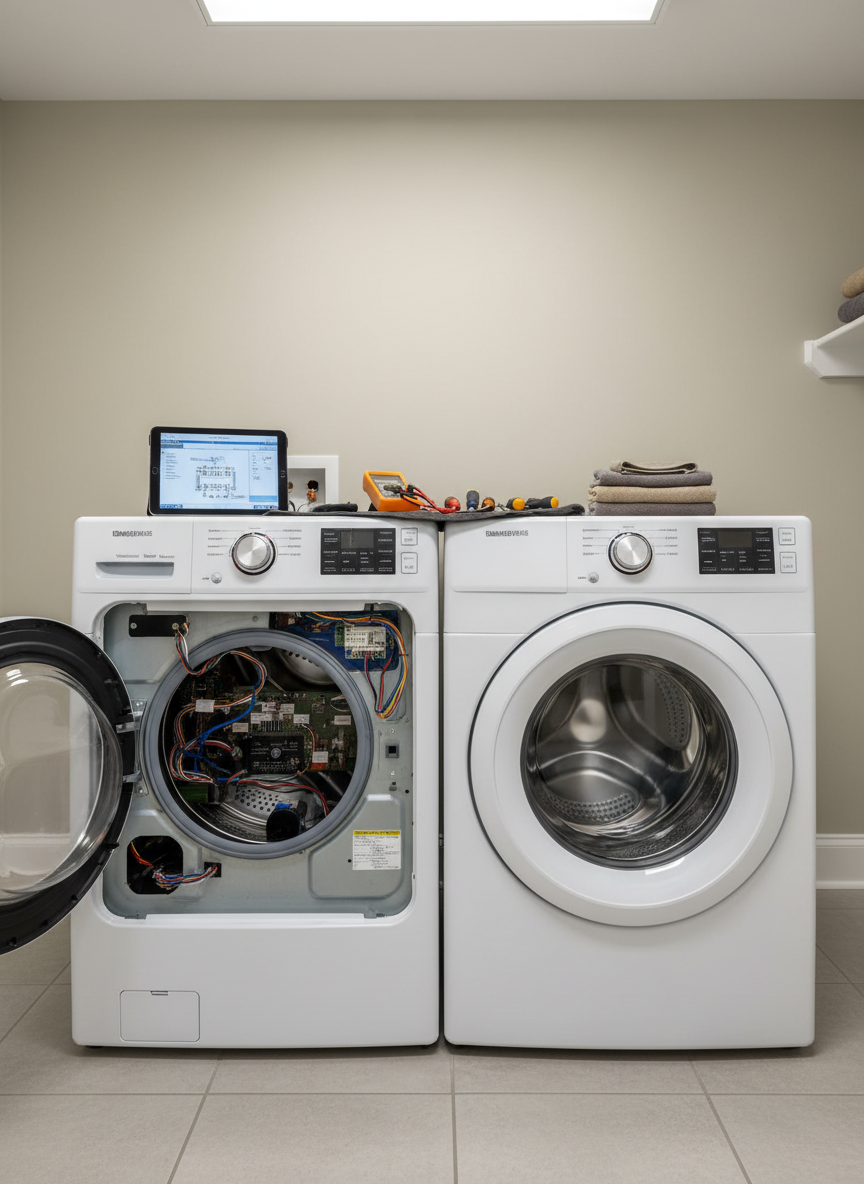 A bright, tidy laundry room featuring a matching white front-load washer and dryer set against a smooth, light beige wall, with one machine’s access panel open to reveal intricate wiring and components. A diagnostic tablet rests on top of the washer beside neatly arranged screwdrivers and multimeter, all placed on a dark protective cloth. Overhead LED lighting casts even, neutral illumination with soft shadows beneath the appliances, emphasizing cleanliness and order. Photographic realism, eye-level composition following the rule of thirds, with crisp details on the control knobs, digital displays, and metal drum interiors. The mood is professional and reassuring, suggesting efficient repair in a typical suburban home between St. George and Summerville without any people present.
