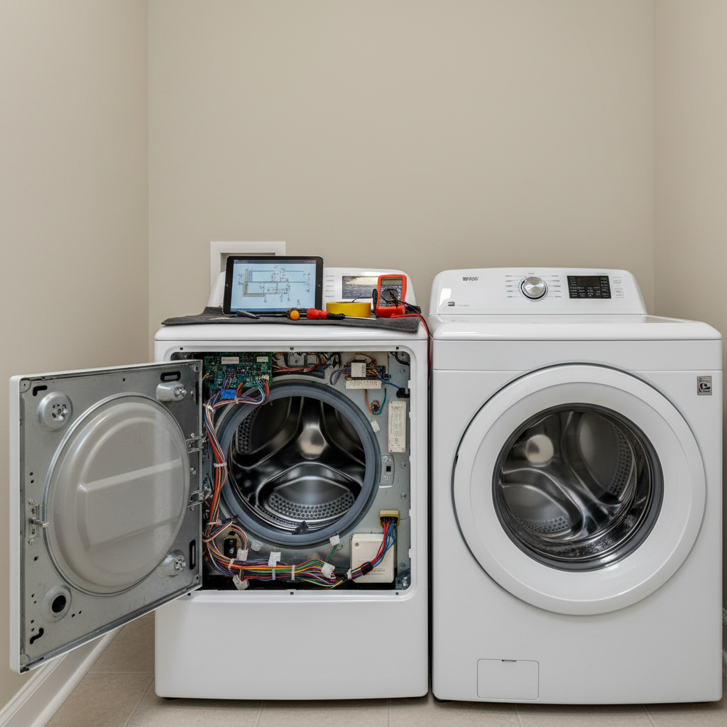 A bright, tidy laundry room featuring a matching white front-load washer and dryer set against a smooth, light beige wall, with one machine’s access panel open to reveal intricate wiring and components. A diagnostic tablet rests on top of the washer beside neatly arranged screwdrivers and multimeter, all placed on a dark protective cloth. Overhead LED lighting casts even, neutral illumination with soft shadows beneath the appliances, emphasizing cleanliness and order. Photographic realism, eye-level composition following the rule of thirds, with crisp details on the control knobs, digital displays, and metal drum interiors. The mood is professional and reassuring, suggesting efficient repair in a typical suburban home between St. George and Summerville without any people present.