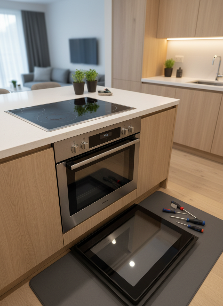 A modern open-concept kitchen showcasing a glass-top electric range and built-in stainless steel oven, with the range’s ceramic surface half shown with burned-on stains on one side and perfectly restored, mirror-like cleanliness on the other side to illustrate before-and-after repair results. Nearby, a partially disassembled oven door rests carefully on a padded mat, its glass panel spotless and reflective. Under-cabinet lighting and warm recessed ceiling lights create balanced illumination, with subtle highlights on chrome knobs and edges. Captured in photographic realism from a slightly elevated angle, the composition focuses tightly on the cooking appliances while soft bokeh blurs the background of light wood cabinets and a serene, well-maintained home, conveying precision, care, and successful appliance service.