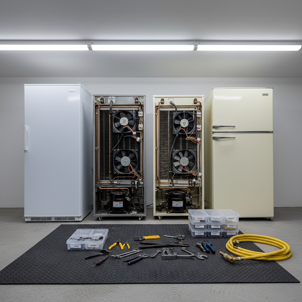 A garage or utility-room style workspace featuring a large upright freezer and a classic top-freezer refrigerator side by side, both with their back access panels removed to expose condenser coils, fan assemblies, and wiring harnesses. A sturdy rubber mat on the concrete floor supports organized tools, labeled parts bins, and a coiled refrigerant hose. Cool, bright workshop lighting from overhead fluorescent fixtures provides clear, shadow-free illumination, highlighting metal textures, copper tubing, and the subtle wear on appliance surfaces. Photographic realism with a wide-angle lens captures the full repair scene, maintaining sharp focus throughout. The composition feels practical and technical, evoking expert refrigeration and HVACR service capabilities for homes from St. George to Summerville, all without any human figures or branding.