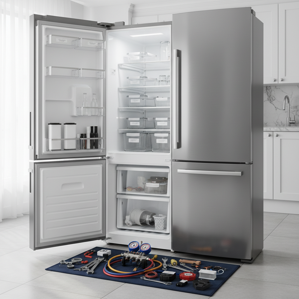 A meticulously organized home kitchen scene where a stainless steel refrigerator stands open, revealing neatly arranged food containers on gleaming glass shelves. On the light gray tile floor in front, a set of professional-grade tools, gauges, and replacement parts lies on a folded navy-blue protective mat, suggesting active repair work without showing any technician. Soft afternoon light filters through a nearby window, creating clean reflections on the refrigerator’s brushed metal surface and subtle shadows on the walls. Photographic realism with a clean, modern aesthetic, shot at eye level with a slight three-quarter angle, sharp focus on the appliance, and a gently blurred background of white shaker cabinets and a marble-look countertop, conveying trust, reliability, and professional appliance repair service.