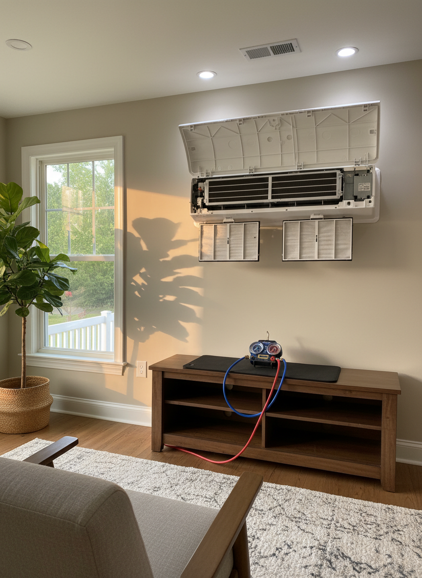 A cozy living room corner in a Summerville-style home where a sleek, wall-mounted mini-split HVAC unit is the focal point above a low media console. The unit’s front cover is hinged open, revealing clean coils and filters, with a compact digital manifold and hoses neatly arranged on a protective mat below. Soft late-afternoon natural light enters from a side window, mixing with cool white ceiling lighting to create a balanced, realistic atmosphere. Photographic realism, shot from a slightly low angle to emphasize the HVAC equipment, with sharp focus on vents, plastic textures, and control indicators. The background includes muted decor, neutral-toned walls, and a hint of greenery outside, reinforcing a feeling of comfort, indoor air quality, and professional HVACR maintenance without any visible technicians.